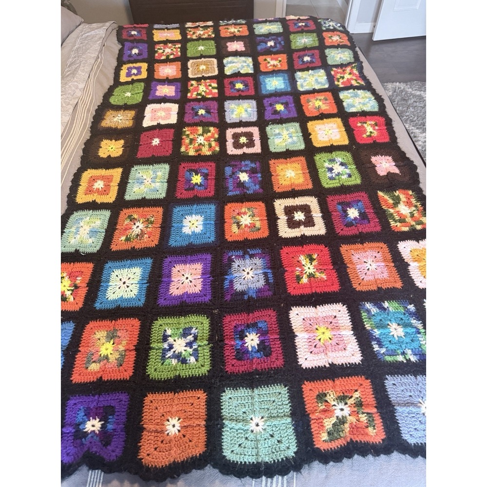 VTG Crochet Granny Square Afghan Blanket Multicolor Boho Roseanne Throw 44x77